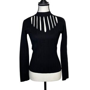 Vintage Y2K Cache Black Stretchy Silk Ribbed Cut Out Knit Top Long Sleeve Small